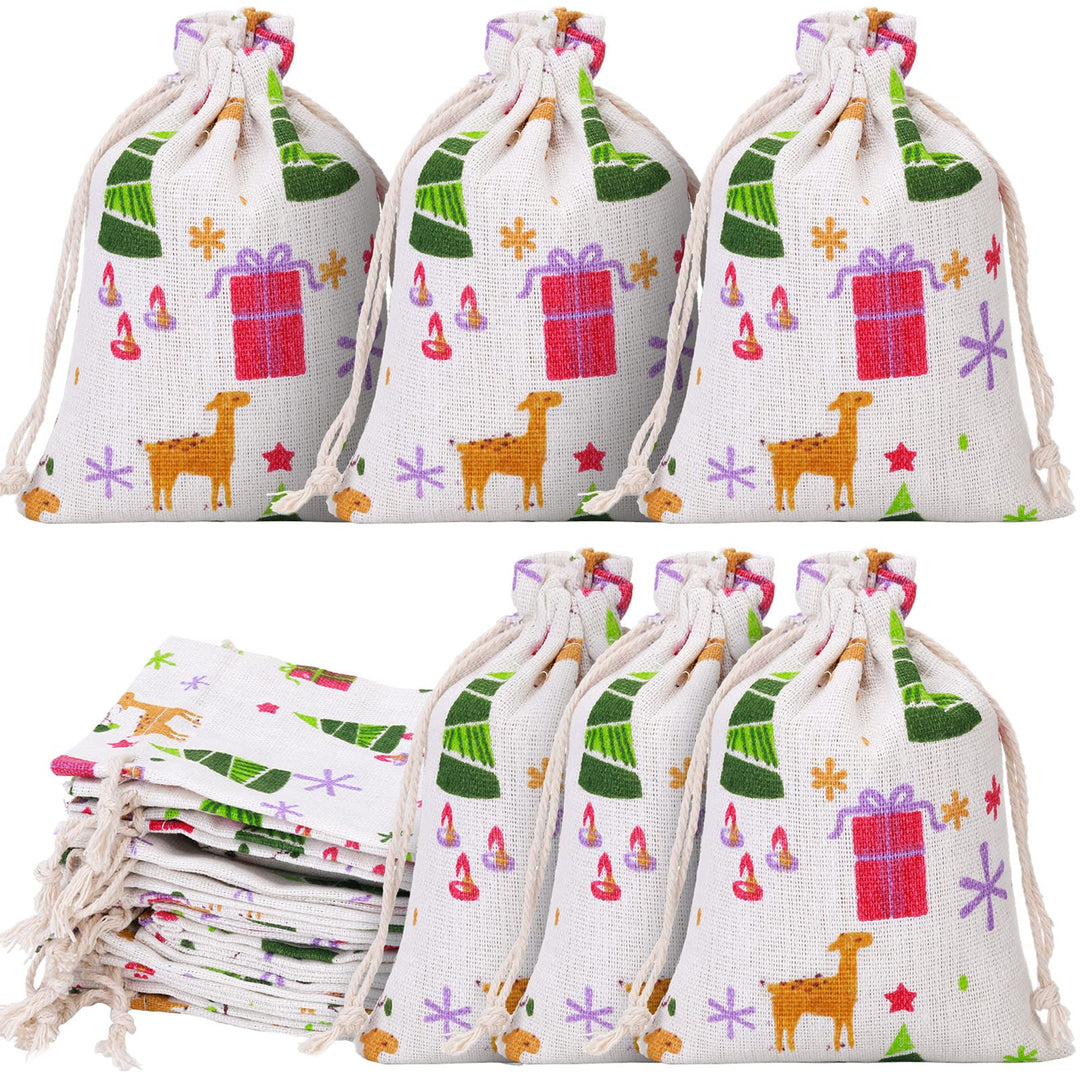 35 Pieces Small Christmas Drawstring Gift Bags Christmas Candy Treat Bags 4 x 5.5 Inch Reusable Burlap Bags for Xmas Holiday Party Supplies