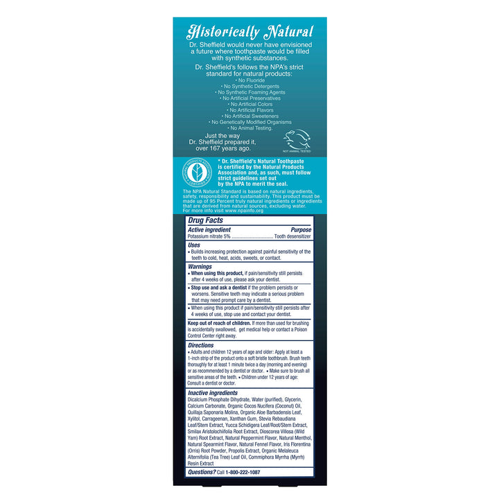 Dr. Sheffield’s Certified Natural Toothpaste (Sensitive) - Fluoride Free Toothpaste/SLS Free, Antiplaque &amp; Whitening (2 Pack)