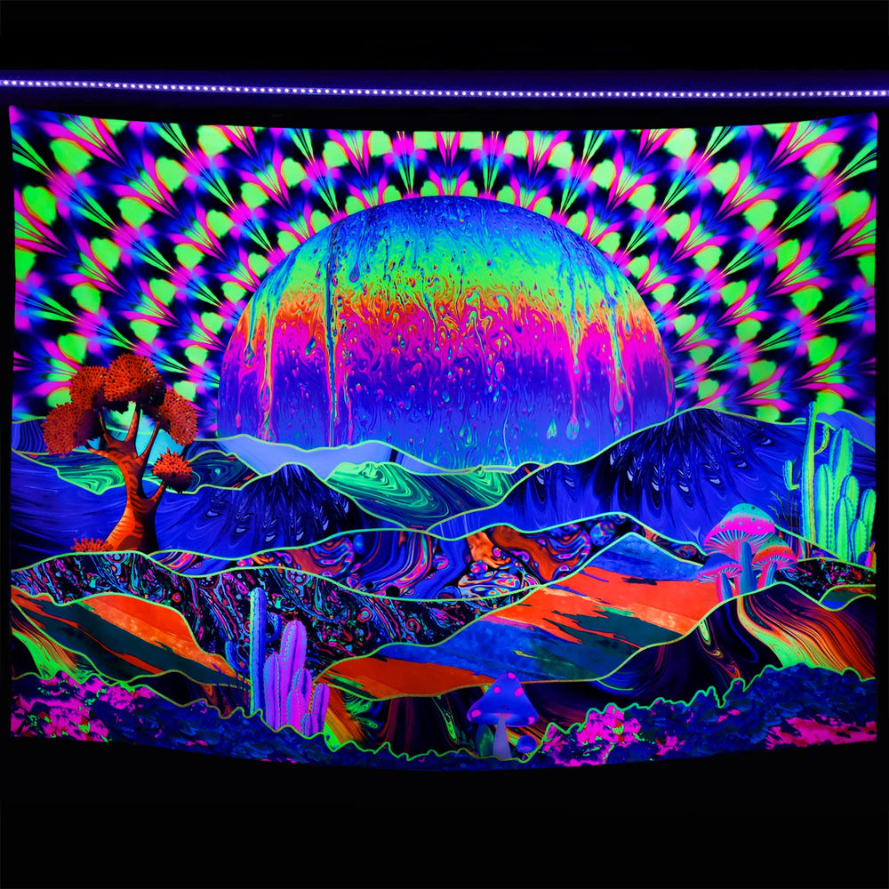 Blacklight Tapestry Planet and Mountains Trippy Tapestry UV Reactive Neon Tapestries Wall Hanging Tapestry for Living Room Dorm Decor W78×H59