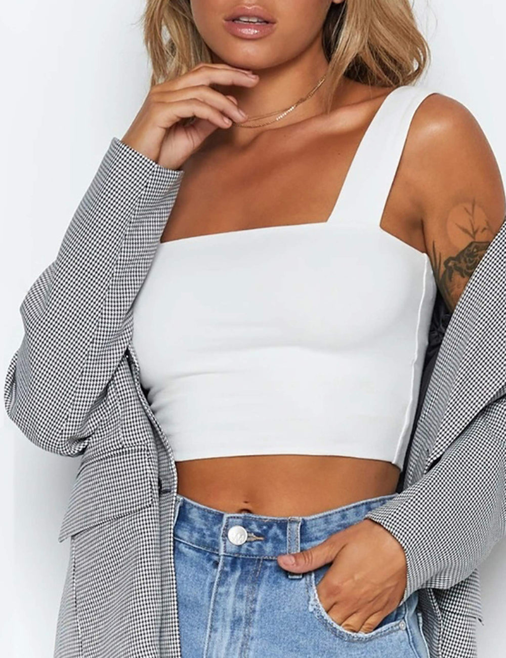Women Summer Basic Crop Top Solid Sleeveless Stretch Crop Vest Square Neck Slim Crop Tank Top White