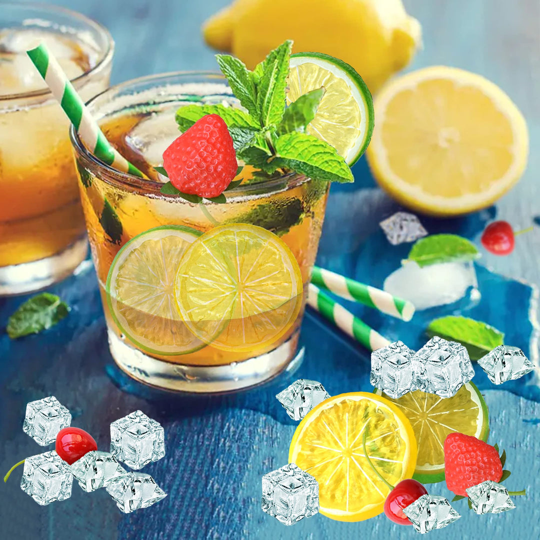 70 Pcs Fake Fruits Ice Cube Set, Include 10 Artificial Lemon Slice 10 Simulation Cherries 5 Fake Strawberry 45 Fake Crushed Ice and Ice Cubes for Home Kitchen Decoration