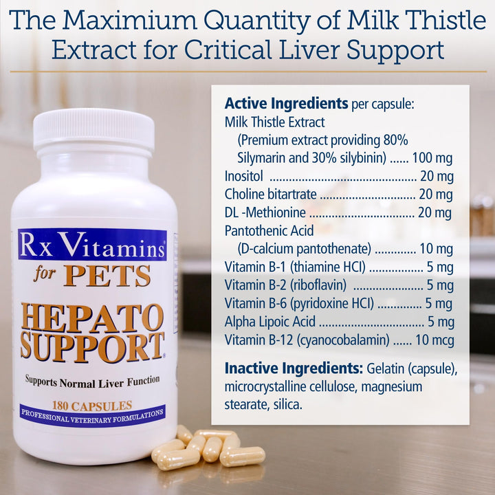 Hepato Support for Dogs &amp; Cats - Milk Thistle Supplement for Pets - 100mg Milk Thistle for Healthy Liver Function - Silymarin Capsules for Pets - 180 ct.