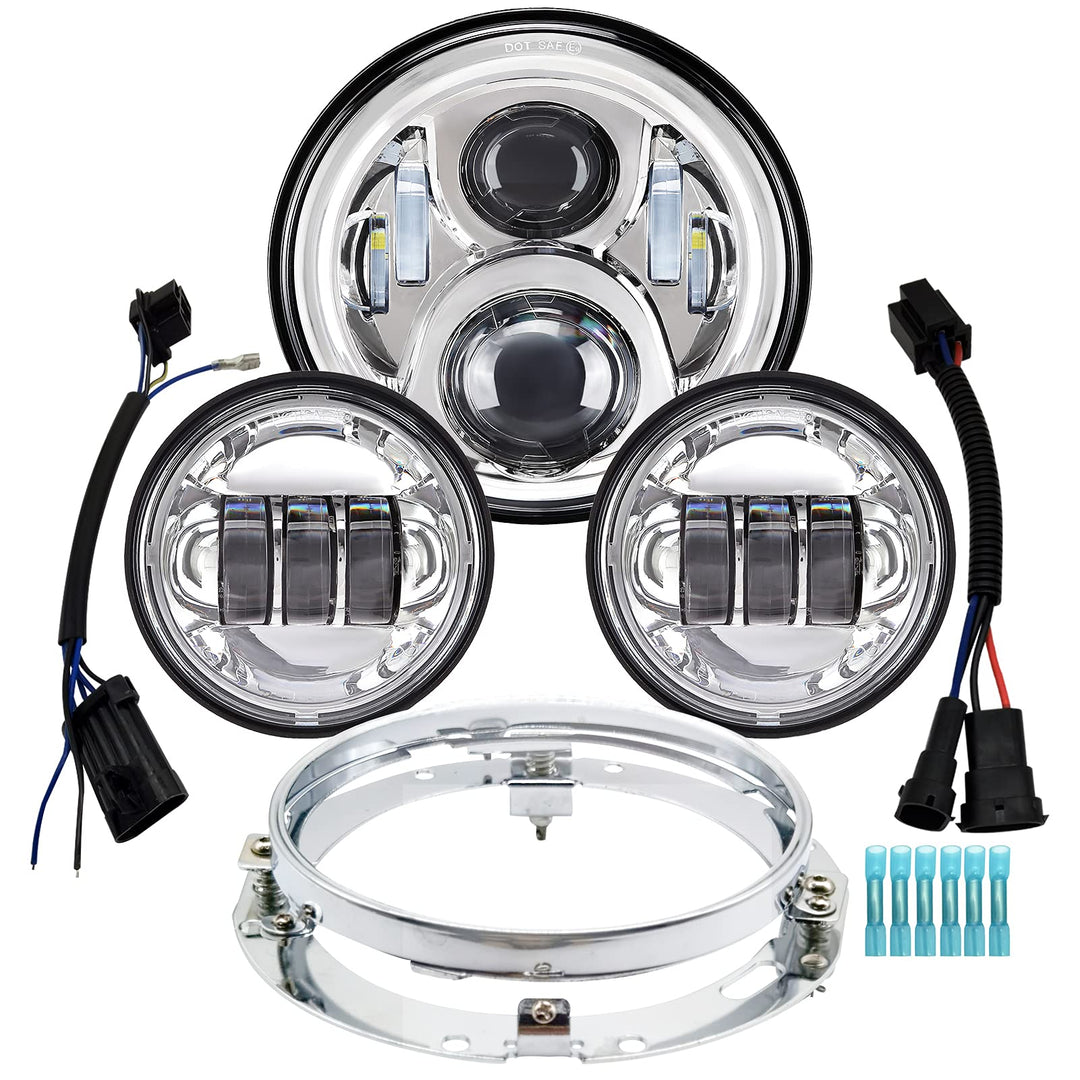 7 inch Motorcycle LED Headlight 4.5 Fog Passing Lights DOT Kit Compatible with Harley Davidson Fat Boy Street Glide Heritage Softail Road King Switchback Electra Glide Ultra Classic Chrome