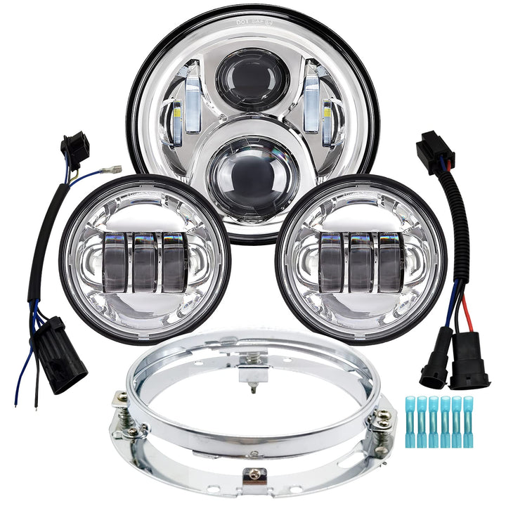 7 inch Motorcycle LED Headlight 4.5 Fog Passing Lights DOT Kit Compatible with Harley Davidson Fat Boy Street Glide Heritage Softail Road King Switchback Electra Glide Ultra Classic Chrome