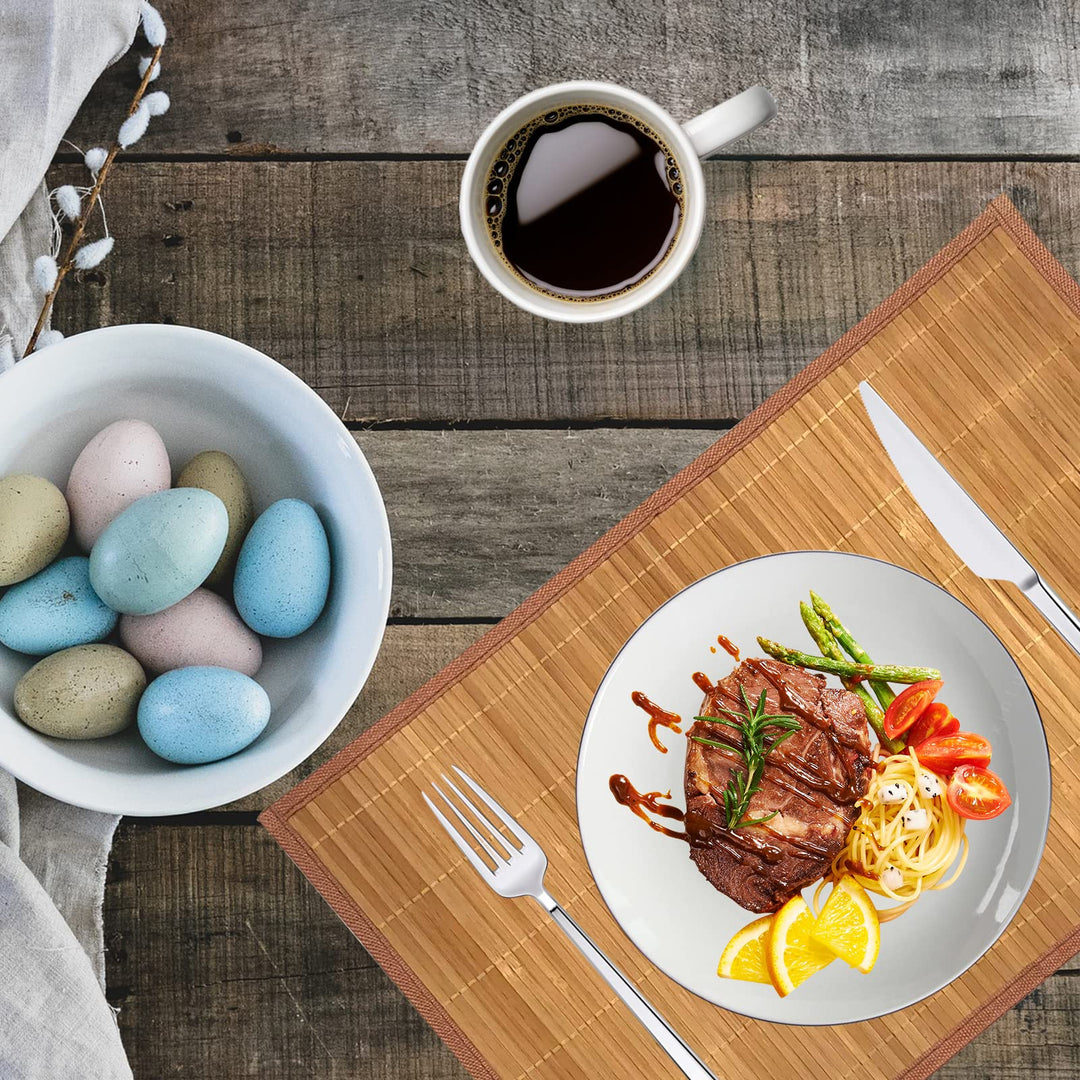 Set of 8 Pcs Bamboo Placemats with Fabric Border Sushi Rolling Mat Japanese Style Natural Anti-Slip Bamboo Placemats Washable Heat-Resistant Table Mats for Dining Room and Kitchen(Coffee)