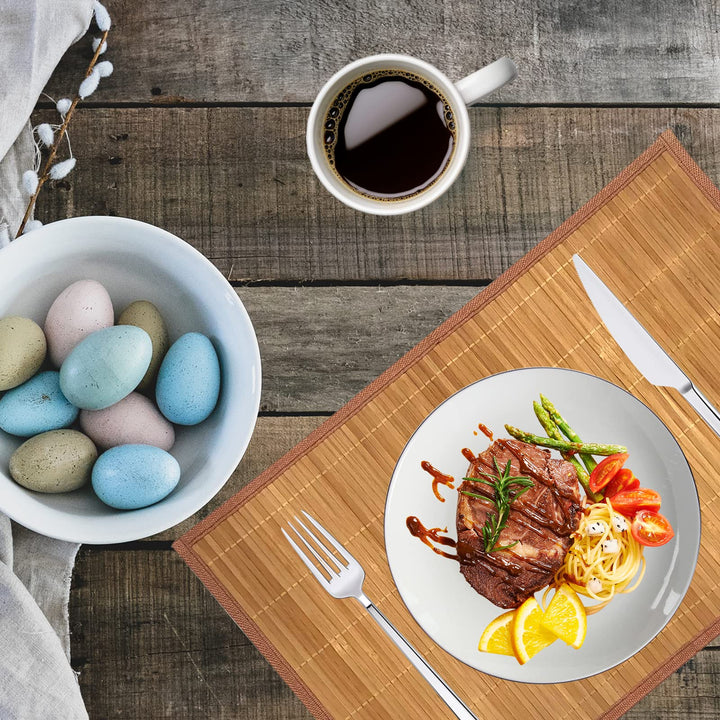 Set of 8 Pcs Bamboo Placemats with Fabric Border Sushi Rolling Mat Japanese Style Natural Anti-Slip Bamboo Placemats Washable Heat-Resistant Table Mats for Dining Room and Kitchen(Coffee)