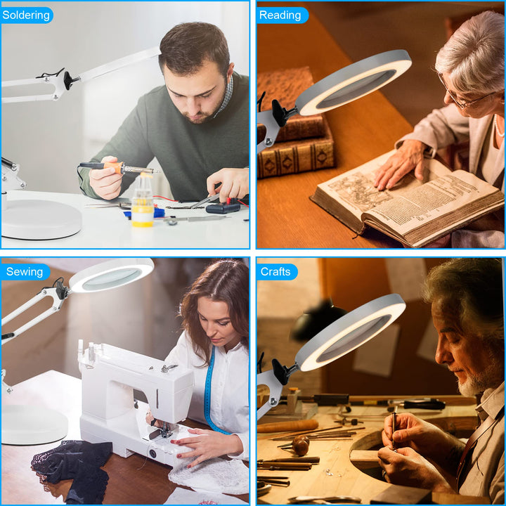 5X Magnifying Glass Lamp, 2-in-1 Magnifier Desk lamp with Clamp and Stand, 8-Diopter Real Glass Lens 3 Color Modes Stepless Dimmable Swivel Arm Magnifying Lamp for Reading Craft Close Work(White)