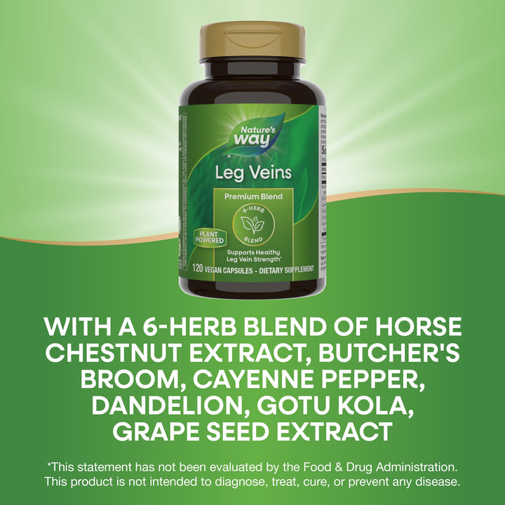 Nature&#39;s Way Leg Veins, Supports Healthy Leg Vein Strength*, 6-Herb Blend, With Horse Chestnut Extract, Dandelion, Gluten Free, 120 Vegan Capsules (Packaging May Vary)
