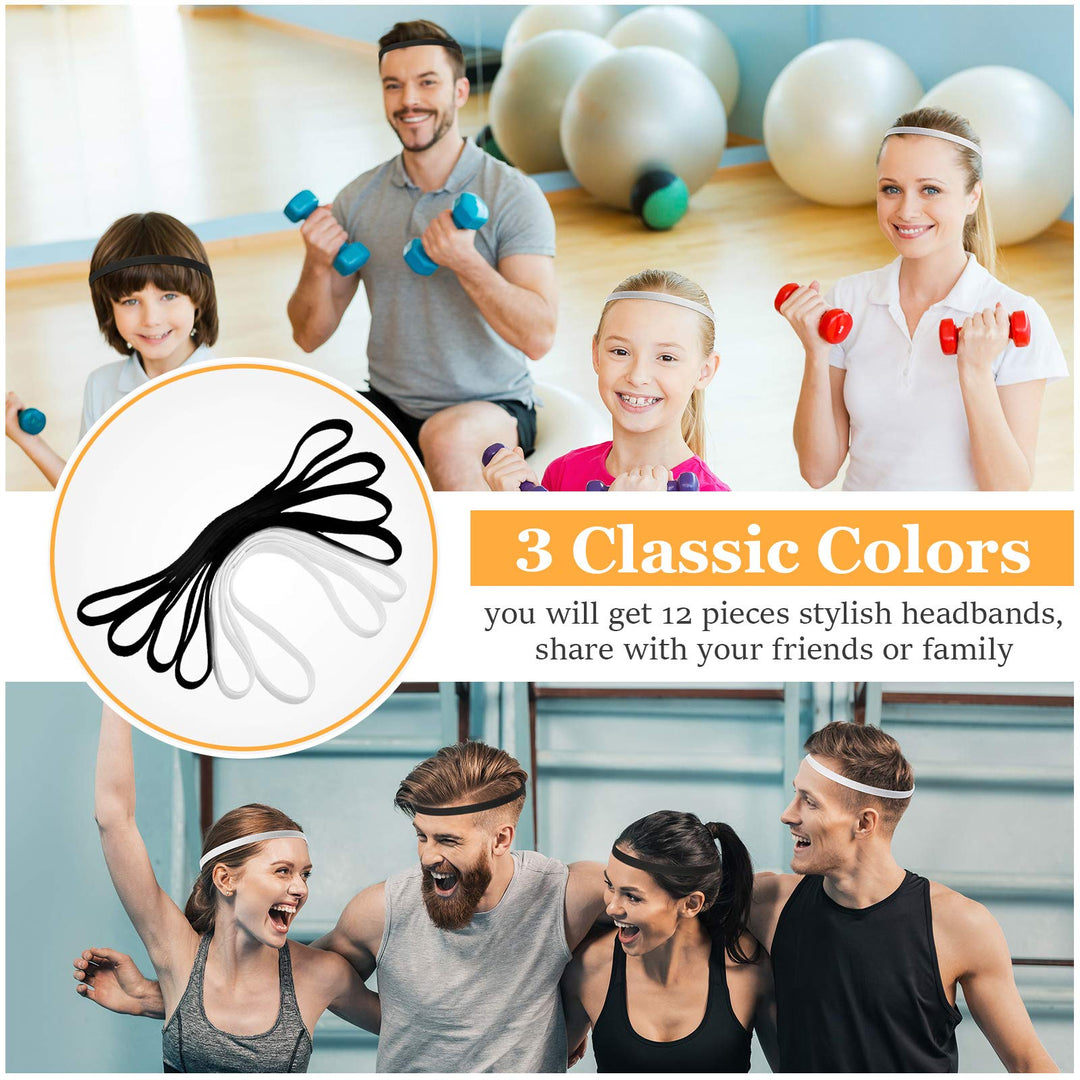 12 Pieces Thin Non-Slip Elastic Sport Headbands, Hair Bands with Non Slip Silicone Grip Exercise Hair Sweatbands for Men Women Football Basketball Soccer Tennis Yoga (Black, White)