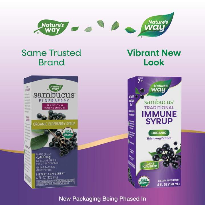 Nature&#39;s Way Sambucus Elderberry Traditional Immune Syrup for Ages 7+, Traditional Immune &amp; Antioxidant Support*, Organic Black Elderberry Extract, USDA Certified Organic, 4 Fl Oz (Packaging May Vary)