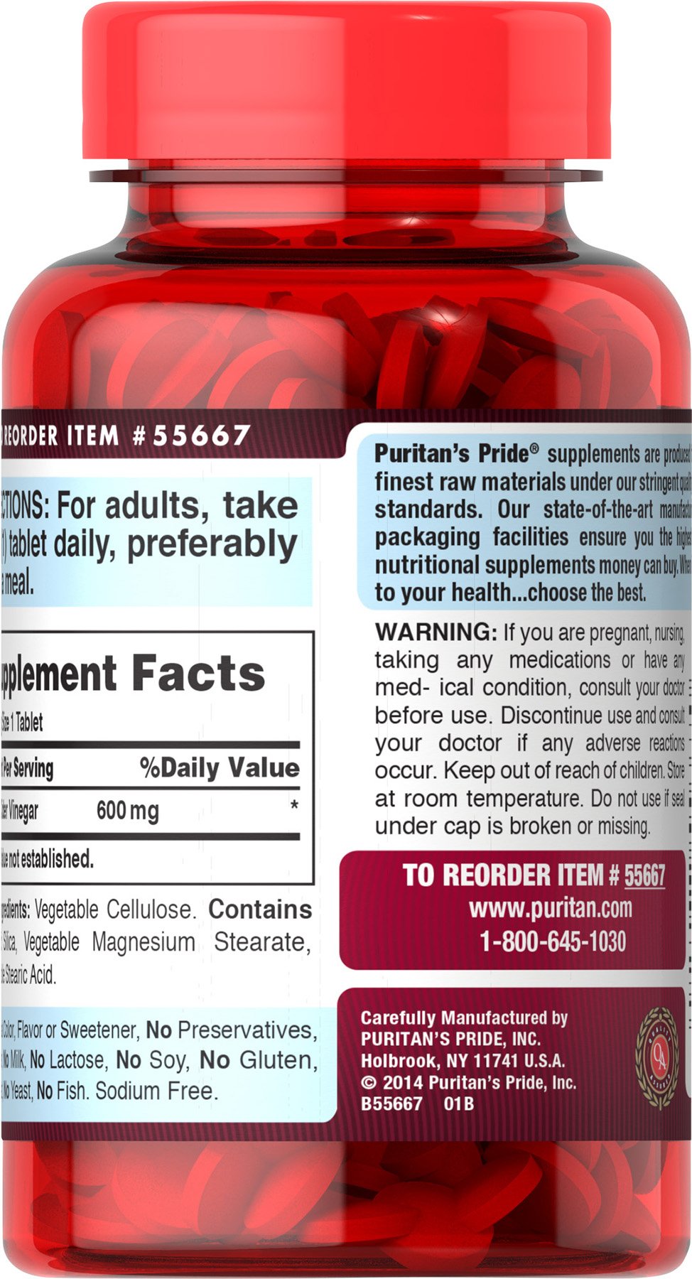 Puritans Pride Apple Cider Vinegar 600 mg Tablets, 200 