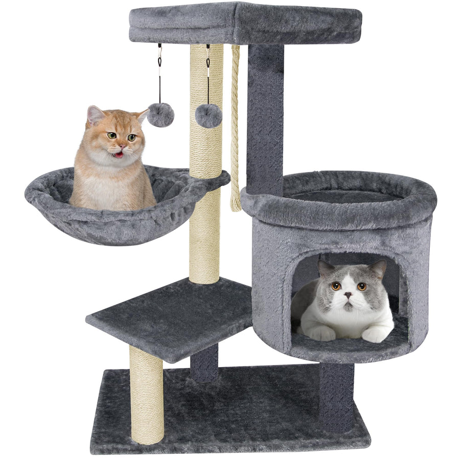 YOUPET 35'' Fashion Design Cat Tree with Cat Condo and Scratching Ramp for Indoor Cats, Activity Center Cat Furniture with Cozy Hammock and Hanging Balls, Grey