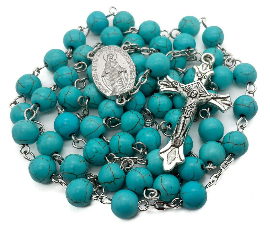 Sky Blue Marble Stone Beads Rosary Turquoise Beaded Necklace Catholic Miraculous Medal & Jesus Cross