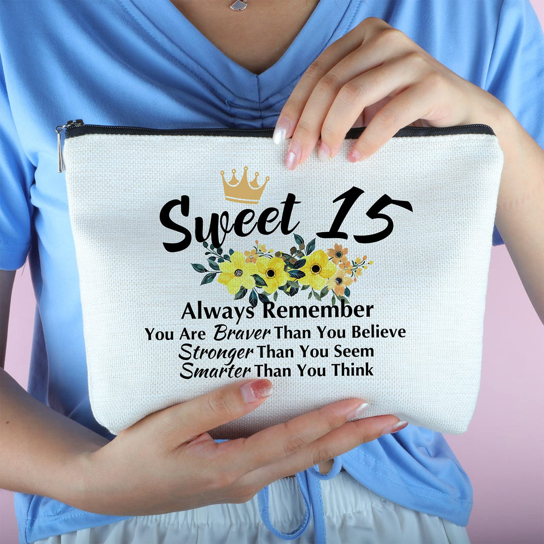 15 Year Old Gifts for Birthday Zipper Makeup Bag Travel Cosmetic Bag Sweet 15 Birthday Gifts for Her 15th Birthday Gifts for Daughter Niece Sister