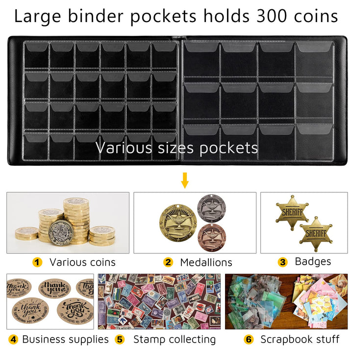 Coin Collection Supplies Holder Book for Collectors, 300 Pockets Coin Collection Organizer Storage Box Case Album for 20/25/ 27/30/ 38mm Coins- Blue