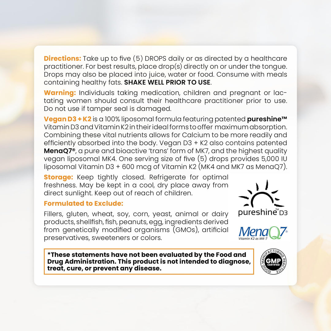 Vegan D3 + K2 Organic 100% Liposomal 10ml Made in USA | 3 Month Supply | Maximum Absorption Vitamin D3 and Vitamin K2 Supplements for Men and Women, D3 Vitamin 5000 IU