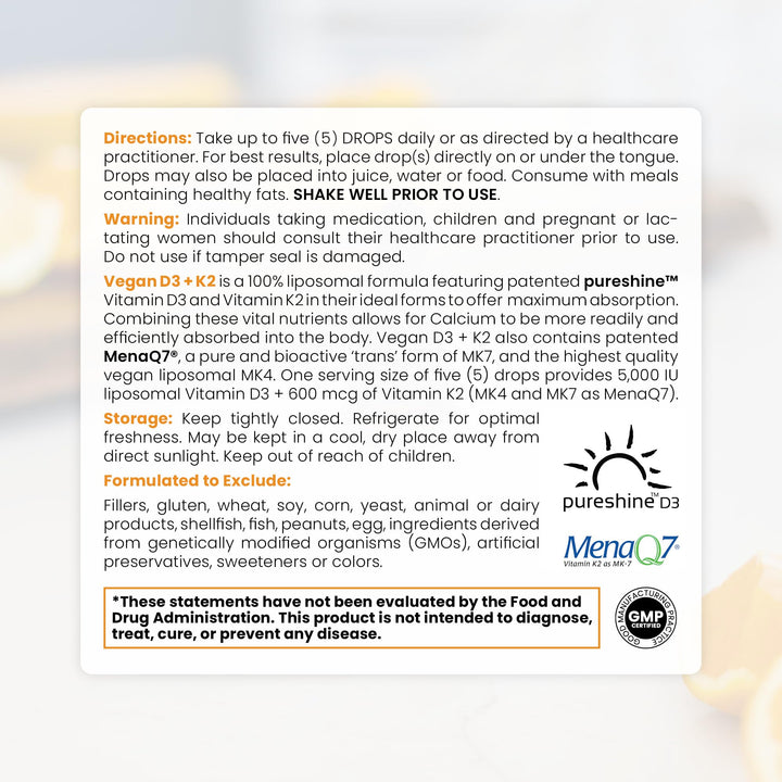 Vegan D3 + K2 Organic 100% Liposomal 10ml Made in USA | 3 Month Supply | Maximum Absorption Vitamin D3 and Vitamin K2 Supplements for Men and Women, D3 Vitamin 5000 IU