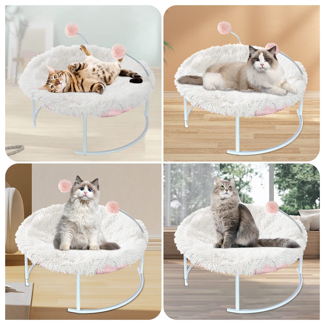 Cat Beds for Indoor Cats,Pet Hammock Bed, Cat Calming Cushion Bed, Anti-Slip Faux Fur Fluffy Round Washable Cat Bed with Plush Mat & Cat Toy Balls,Fits up to 25lbs, Pet Bed for Kitty and Puppy-Pink