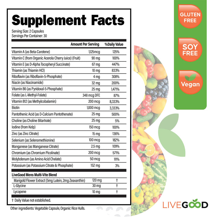LiveGood™ Men's Bio-Active Complete Multivitamin, Daily Supplement with Vitamin A, B12, C, E, Lycopene, Vegan, 60 Capsules