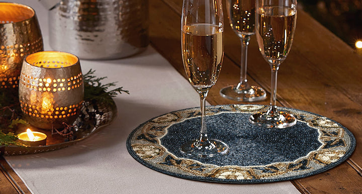 Beaded Placemats for Dining Table Dia 13 inches- Gold White,Beaded Placemats Round for Gathering, Thanksgiving - Occasional Decoration and Family Parties Celebrations.Set of 1