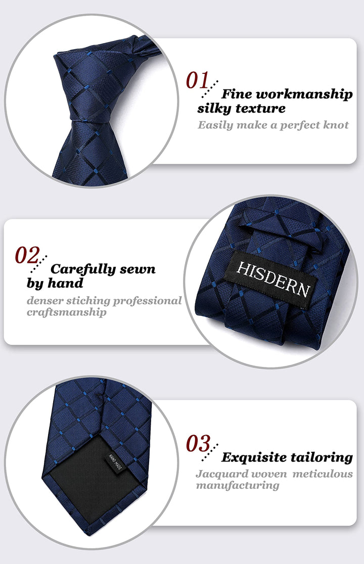 HISDERN Plaid Blue Tie Handkerchief Woven Classic Men&a