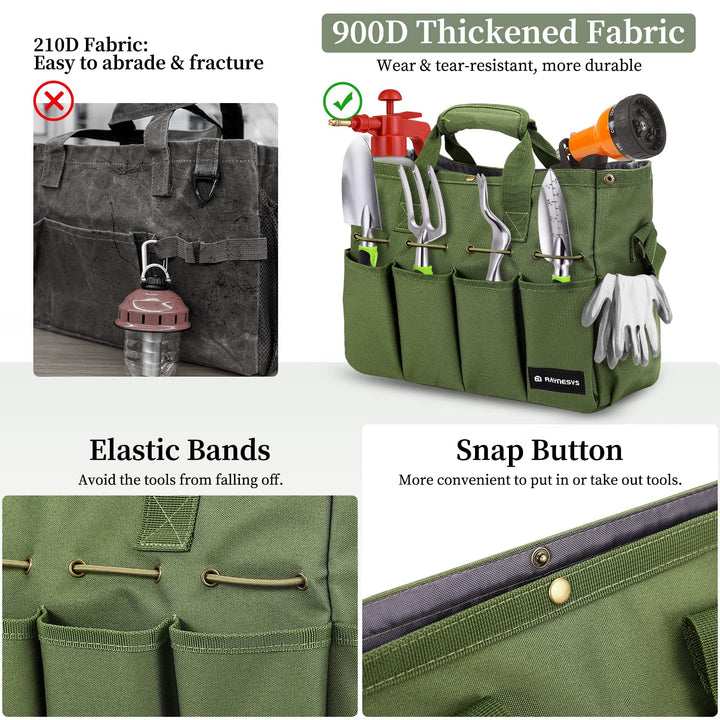 Garden Tote Bag, Gardening Tool Bag Organizer with Pockets &amp; Handle, 900D Heavy Duty Garden Storage Bag with Long Adjustable Shoulder Strap for Tools, Green