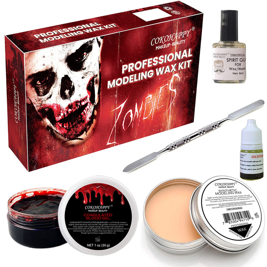 Halloween Party Stage Special Effects Wound Scar Nude Color Putty/Wax (1.76oz) + Fake Scab Blood (0.7oz) + Oil (0.17oz) + Spirit Gum Adhesive + Spatula Tool Family Makeup Kit