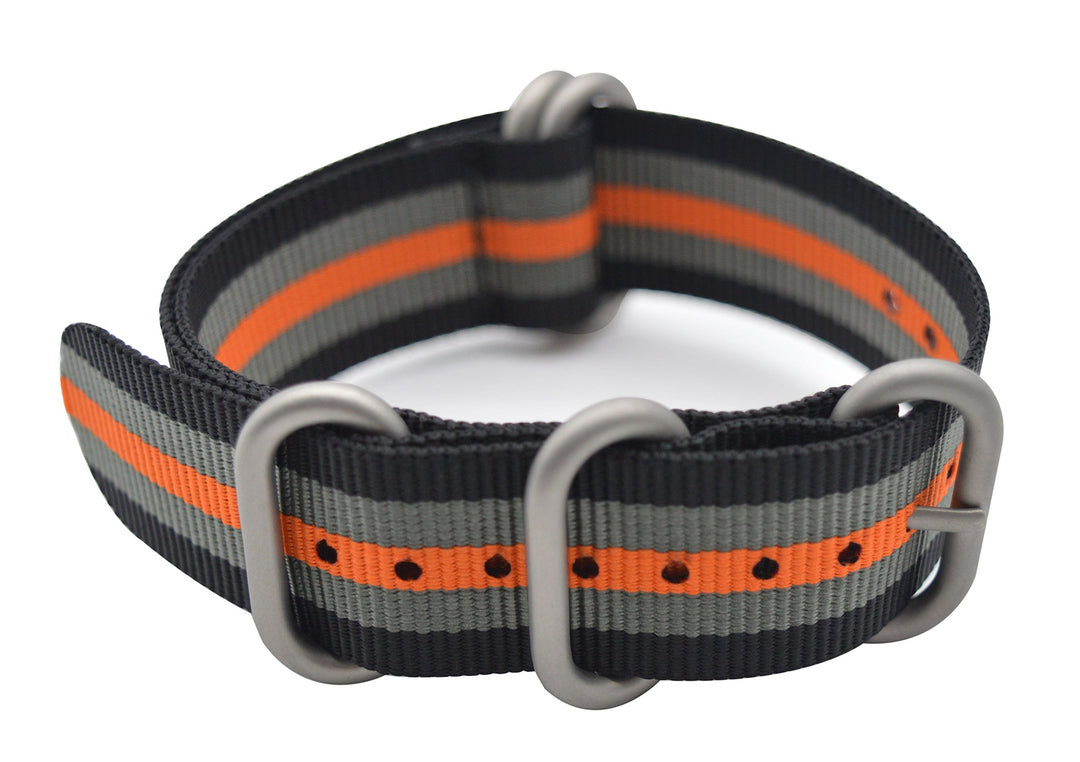 Watch Band with Colorful Nylon Material Strap and Heavy Duty Brushed Buckle (Black/Grey/Orange, 22mm)