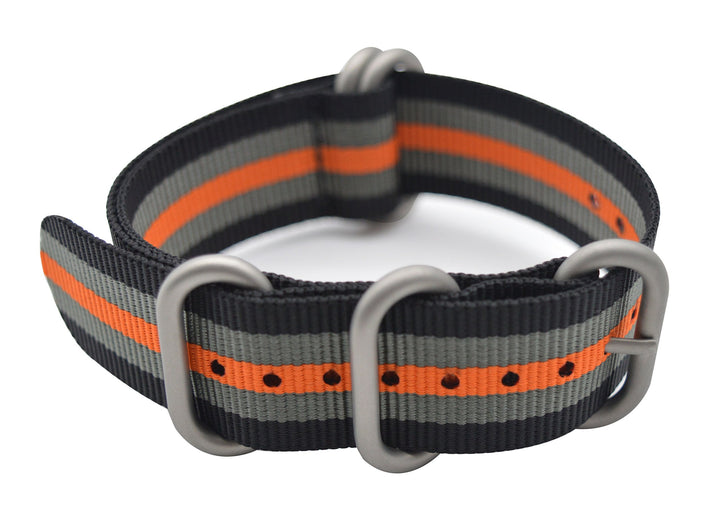 Watch Band with Colorful Nylon Material Strap and Heavy Duty Brushed Buckle (Black/Grey/Orange, 22mm)