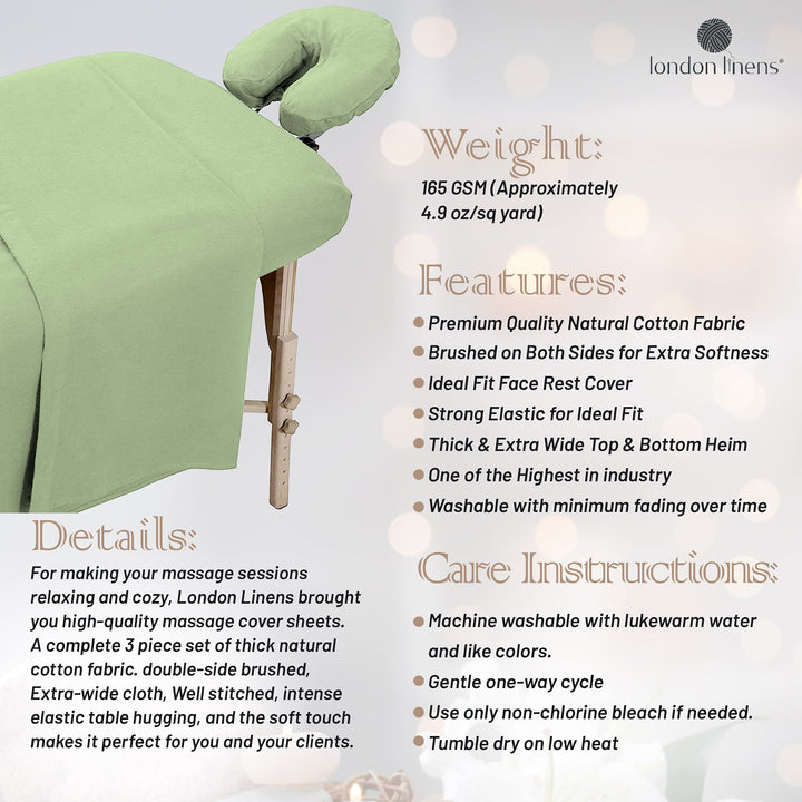 LONDON LINENS 3 Piece Set Massage Table Sheets Set - 100% Natural Cotton Flannel- Includes Massage Table Cover, Massage Fitted Sheet, and Massage Face Rest Cover (Sage Green)