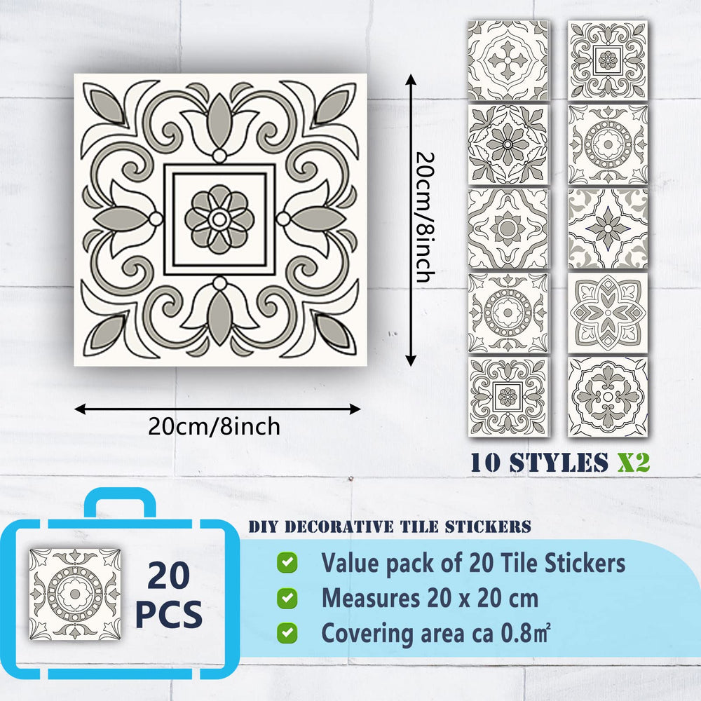 Tile Stickers Wall Decor Bathroom Kitchen Wall Sticker Waterproof PVC Decoration Stickers - 2D Sticker with Retro Design in Mosaic Style (8 x 8 Inch, Style-8)