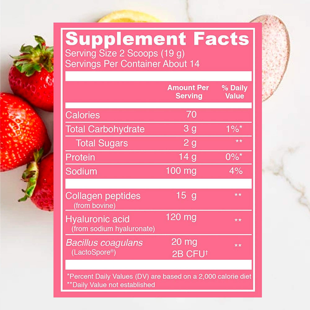 Beauty Collagen (Strawberry Lemon, Canister) - 120mg of Hyaluronic Acid and 15g of Collagen Per Serving