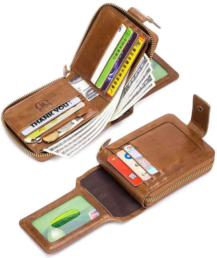 Men’s Genuine Leather Wallet,RFID Blocking Zip Around Bifold Multi Purse Cowhide Leather Vintage Secure Card Holder with ID Window (Brown)
