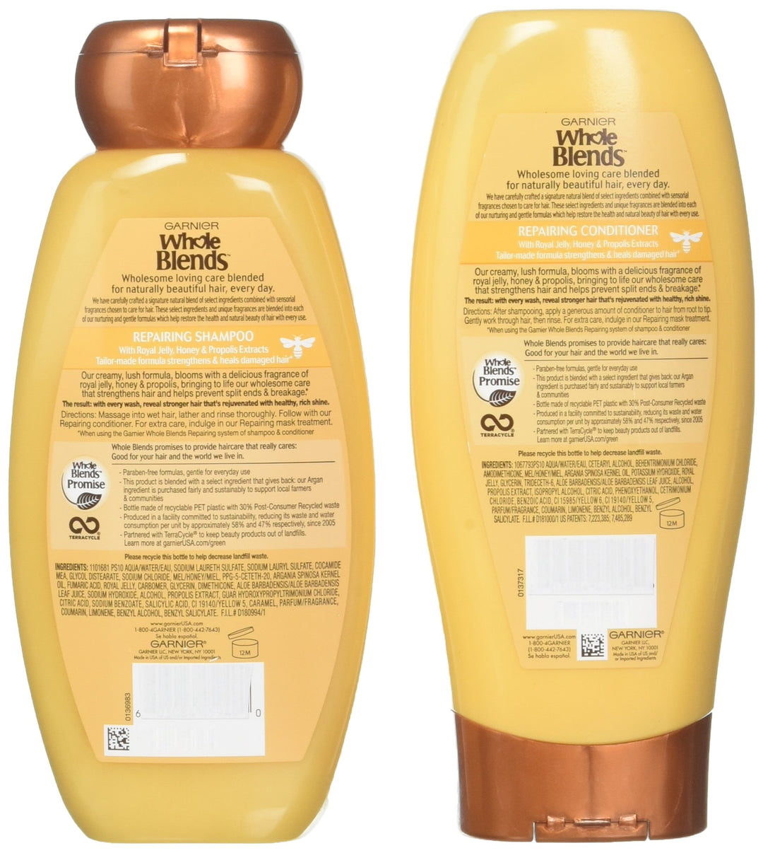 Garnier Whole Blends Haircare - Repairing Shampoo & Conditioner Set - With Royal Jelly Honey & Propolis Extracts - Net Wt. 12.5 FL OZ (370 mL) Per Bottle - One Set