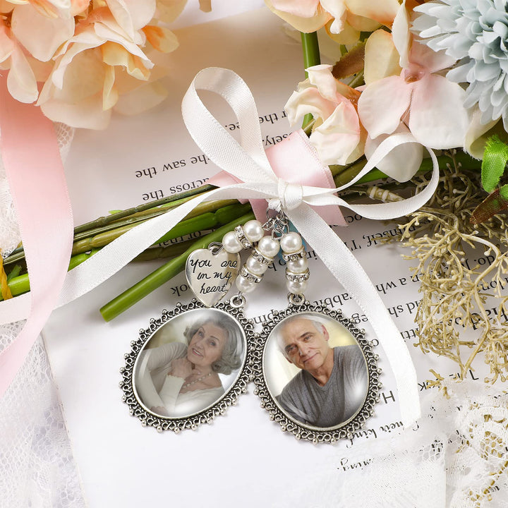 Wedding Bouquet Charm Bouquet Charms for Wedding Memory Bridal Lacy Oval Bridal Charm Bride Angel Charm Memorial Photo Charm You Are Always in My Heart Charm for Bridal Party (Double Pendant Style)