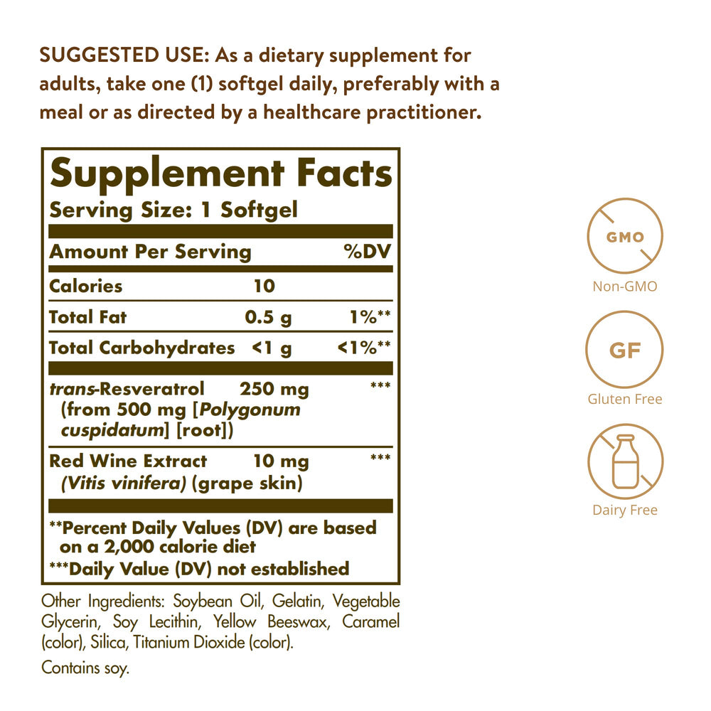 Solgar Resveratrol with Red Wine Extract, 250 mg, 60 Softgels - Antioxidant Protection - Immune Support - Red Wine Polyphenol - Non-GMO, Gluten Free, Dairy Free - 60 Servings