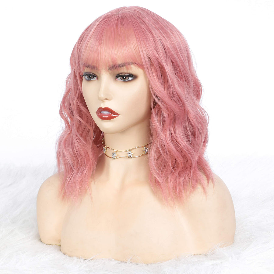 , Short Wigs Pink Wavy for Women Cosplay Wigs, 12 inch Synthetic wig with Adjustment Straps and Comfortable Rose Net Inside,Best Synthetic Heat Resistant Fiber(Pink)
