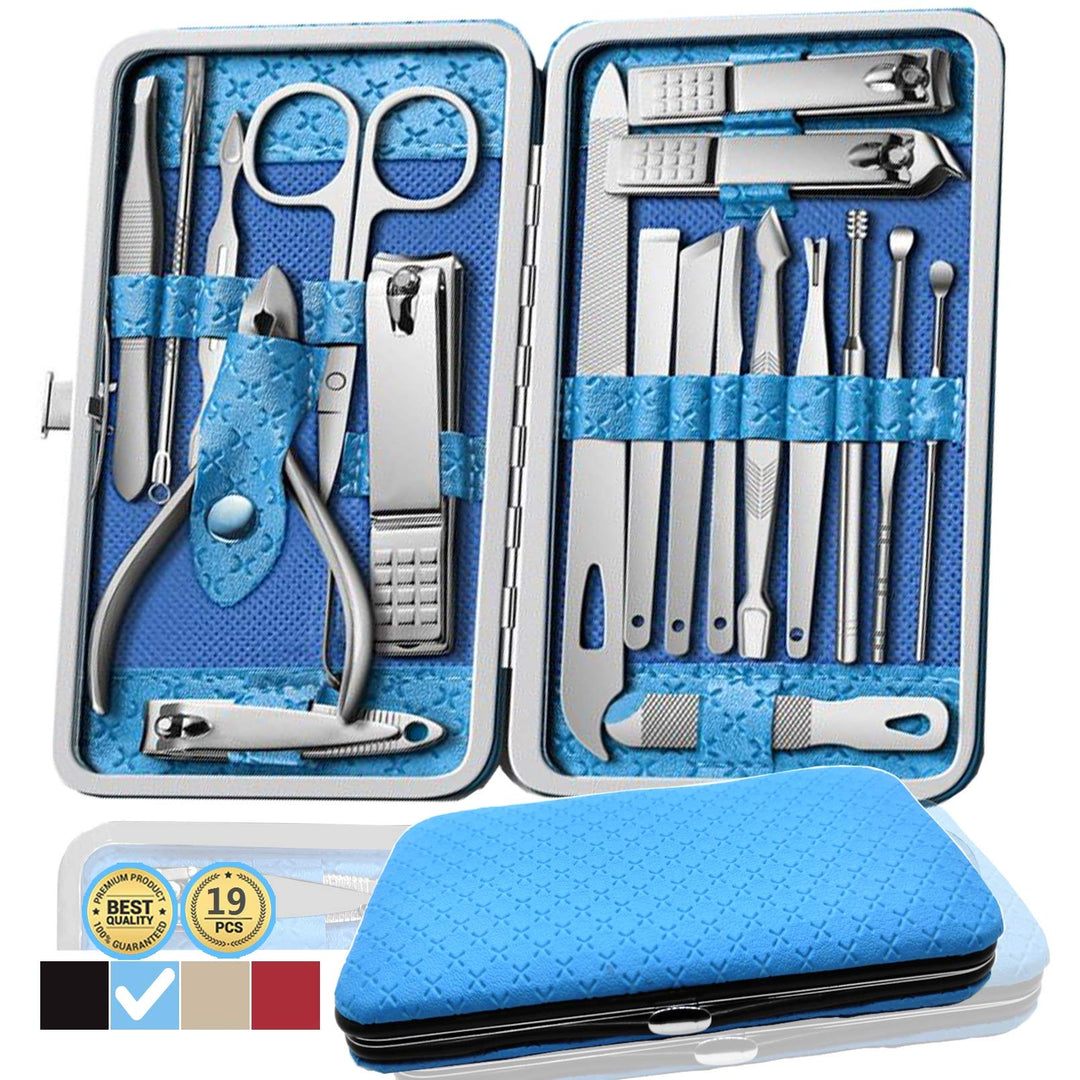 Manicure Kit Nail Clippers Pedicure Kit -19 Pieces Stainless Steel Manicure Set, Professional Grooming Kits, Nail Care Tools with Luxurious Travel Case (Blue)