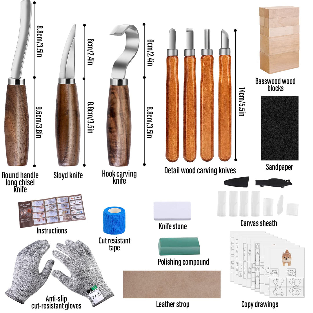 Wood Carving Tools Set 3pcs Whittling Knife and 4pcs K2