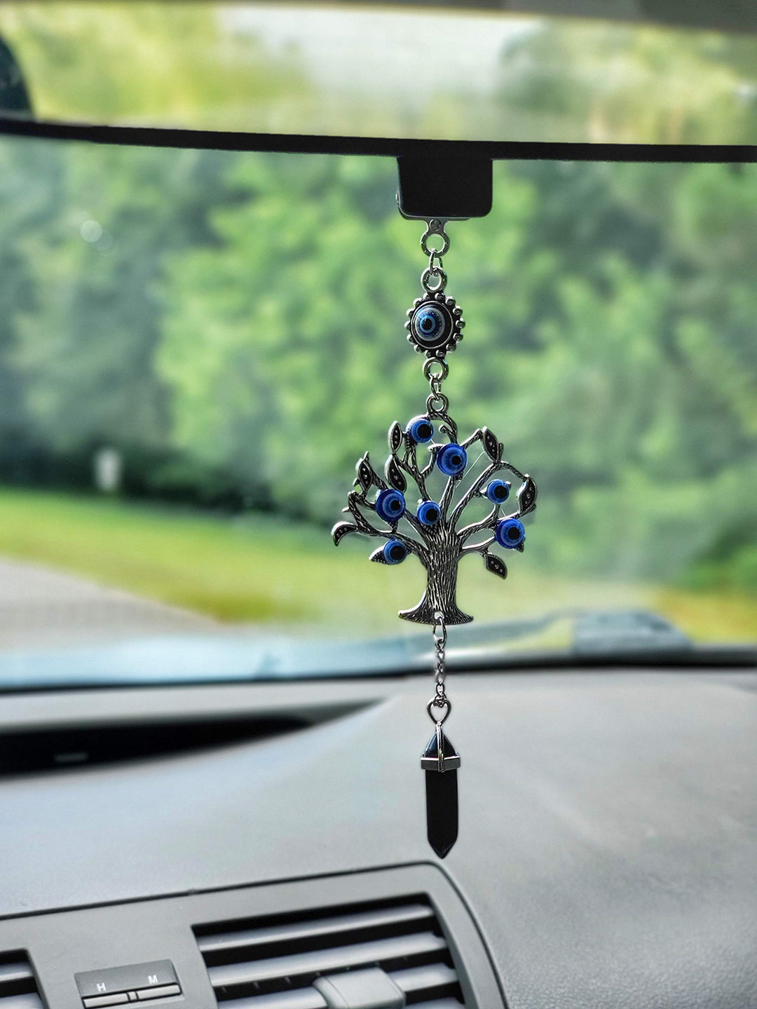 Silver Tree of Life Amulet w/Blue Evil Eye &amp; Crystal Gemstone - Charm for Growth, Strength, Protection, Home Hanging Decor, Car Rear View Mirror Accessories, 2.2x7, Black Stone