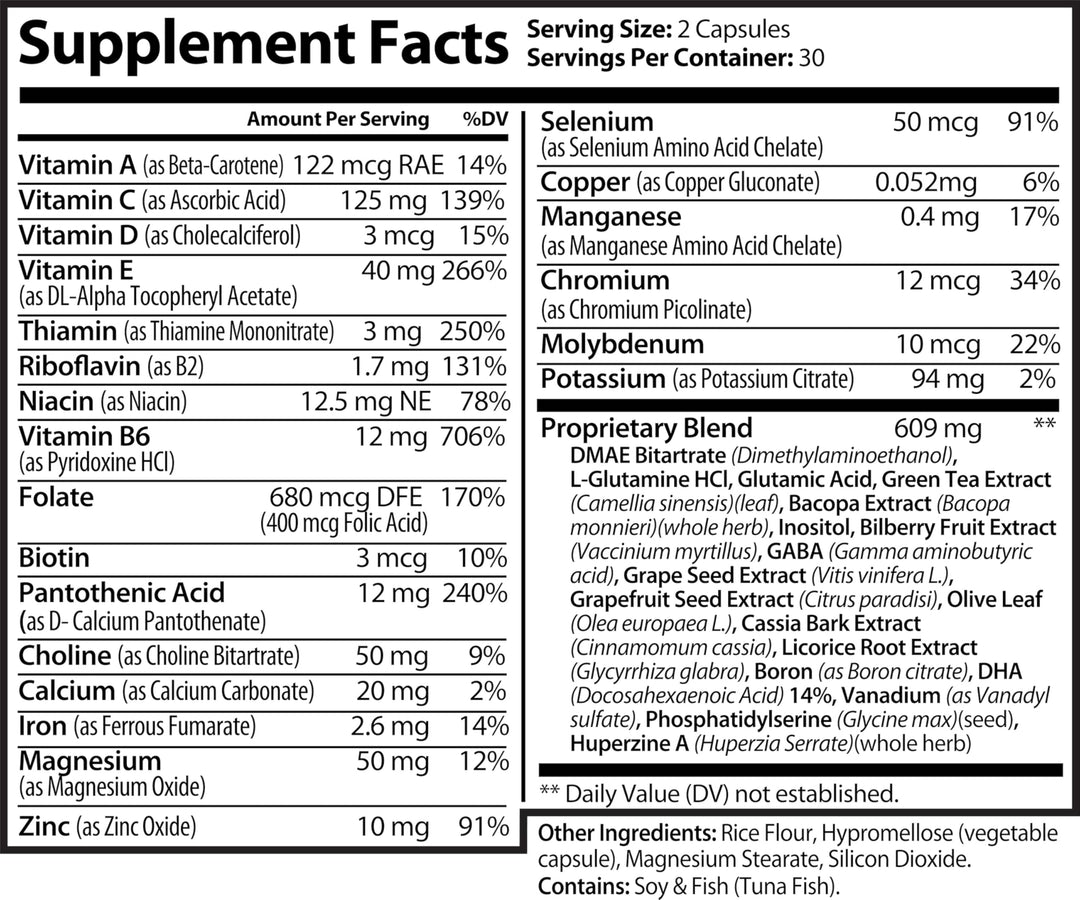Brain Booster Supplement for Focus, Memory, Clarity, and Energy. Nootropics Booster. Unlock Your Full Potential - 60 Capsules Made in USA