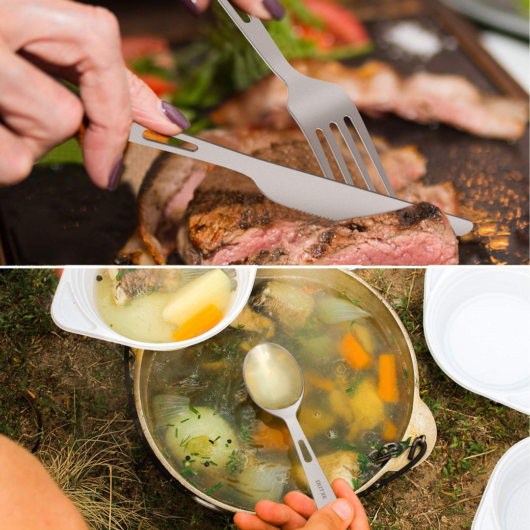 Titanium Flatware Knife Fork Spoon Set Lightweight Ti Camping Utility Cutlery Set with Carrying Bag for Traveling Picnic Hiking