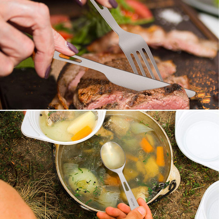 Titanium Flatware Knife Fork Spoon Set Lightweight Ti Camping Utility Cutlery Set with Carrying Bag for Traveling Picnic Hiking