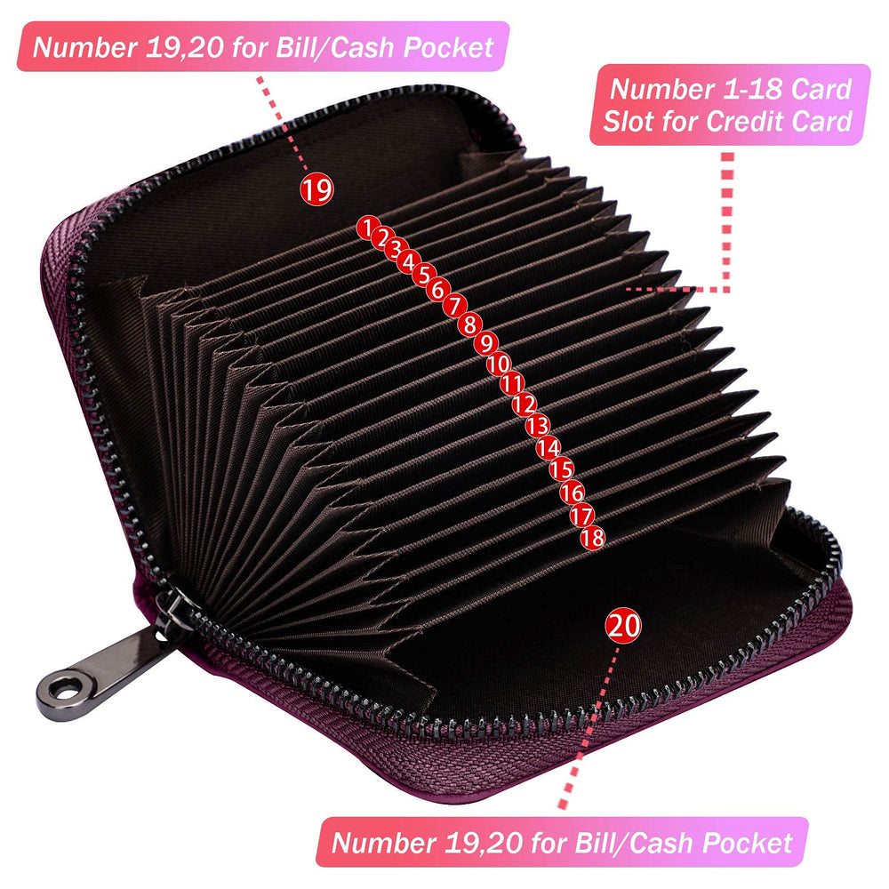 RFID 20 Card Slots Credit Card Holder Genuine Leather Small Card Case for Women or Men Accordion Wallet with Zipper