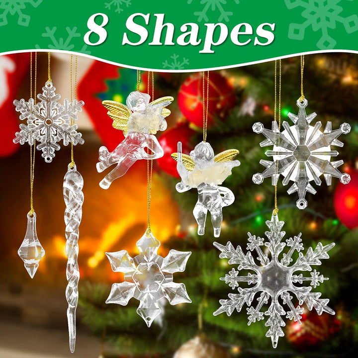 52pcs Icicles Ornaments Set, Clear Snowflake Acrylic Christmas Icicle Ornaments Angel Ornament for Christmas Tree, Christmas Party Decorations
