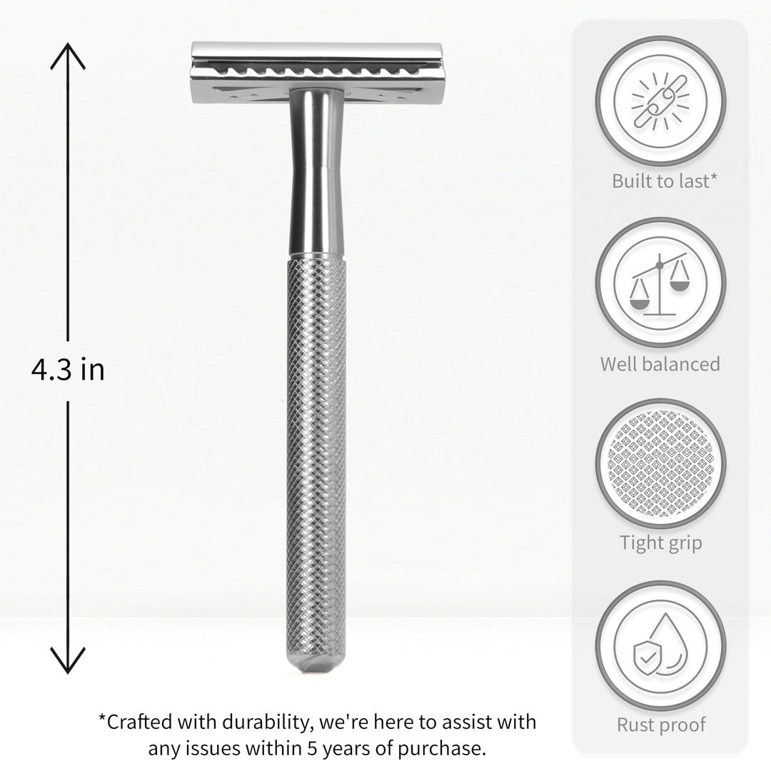 Double Edge Safety Razor for Men &amp; Women, Metal Razor with 5 Double Edge Safety Razor Blades, Eco-Friendly Razor – Silver