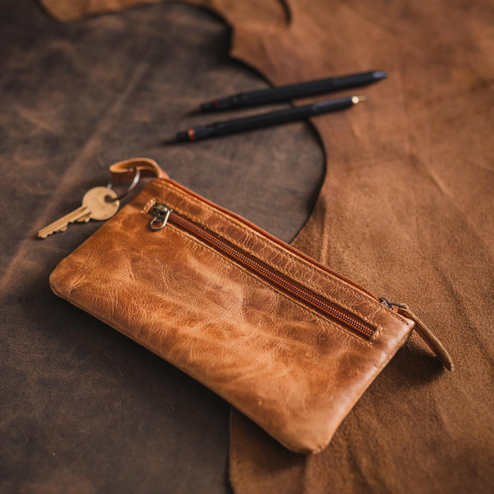 Leather Pencil Case Pouch, Handcrafted 8 x 4 Leather Pen Case with Zipper - Pencil Cases for Adults with Side Pocket - Leather Pencil Pouch Zippered Pen Bag - Light Brown