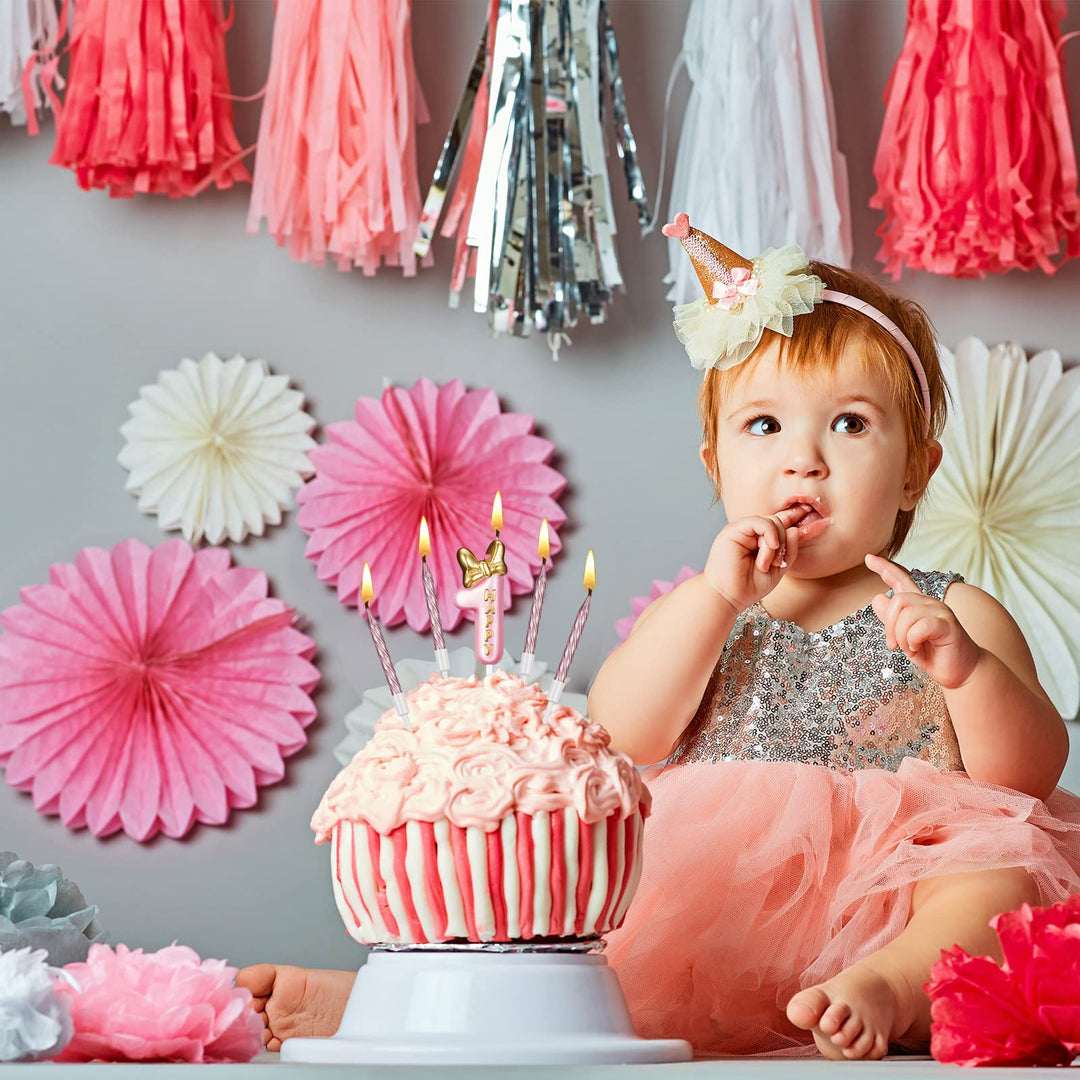 BBTO Number 1 Birthday Candle Pink Birthday Candle Girl with 10 Pieces Pink Candles Long Thin Cupcake Candles in Holders for Cake Topper Birthday Baking Decor Supplies