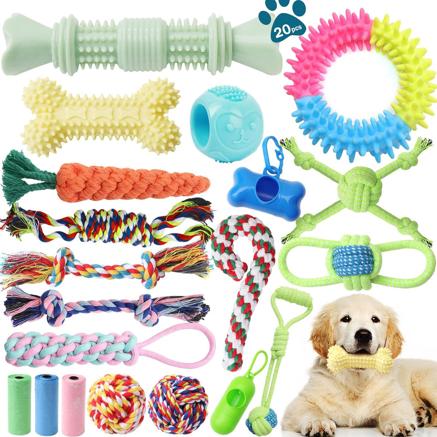 Puppy Toys 20 Pack, Puppy Chew Toys for Teething, Pet Dog Toothbrush Chew Toys for Puppy, Indestructible Pet Interactive Tug of War Squeaky Rope Toys for Puppies Small Medium Breed Chewers