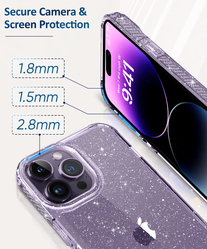 for iPhone 14 Pro Max Case with Screen Protector + Camera Lens Protector, [Non-Yellowing] Clear Glitter Phone Case, Shockproof Protective Women Cute Bumper Cover for 6.7 Inch - Sparkle Clear
